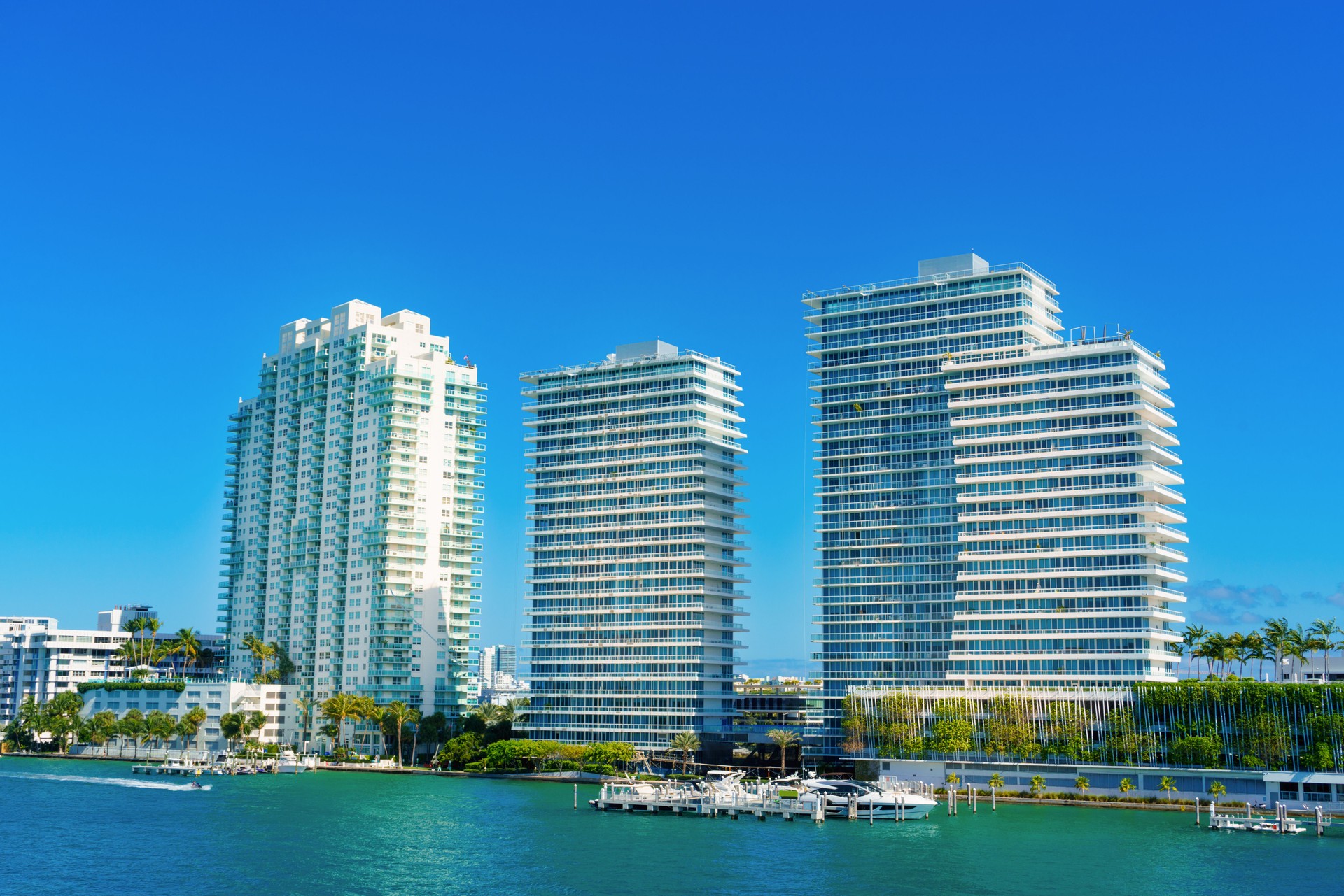 View at Miami residentcial and office skyscrapers by waterfront
